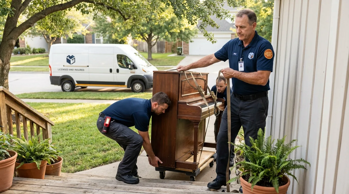 Licensed piano movers securing grand piano in Garfield, NJ
