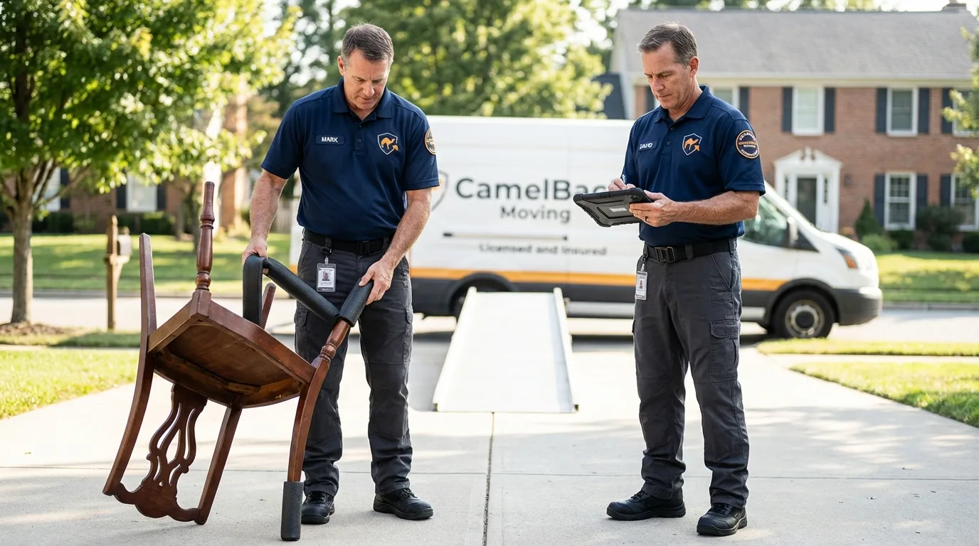 Movers inspecting furniture for damage prevention before loading in Garfield, NJ