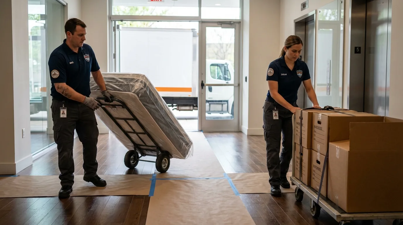 Professional apartment movers loading elevator in Garfield, NJ