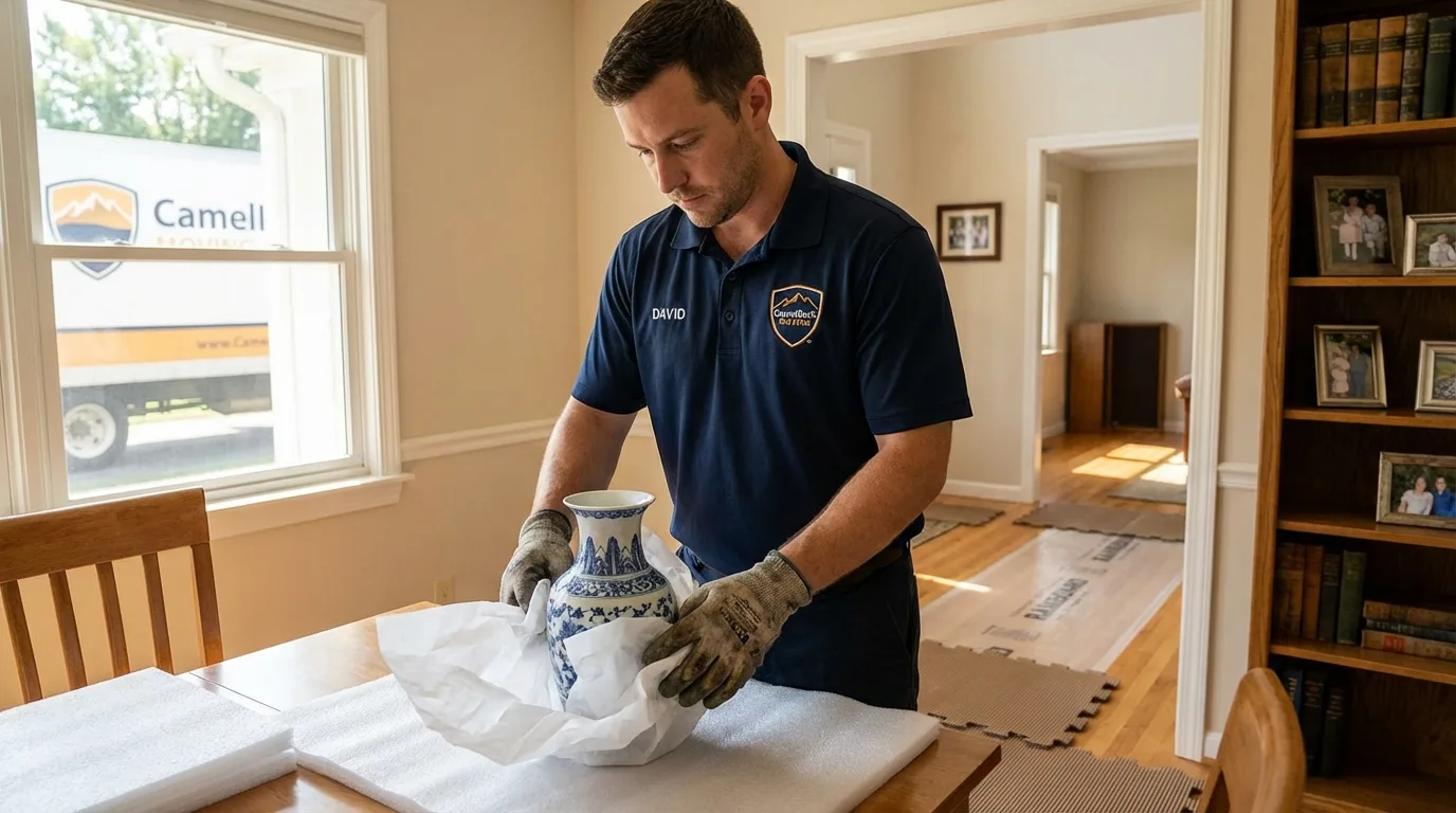 Professional crew carefully wrapping antique vase for senior downsizing move in Garfield, NJ